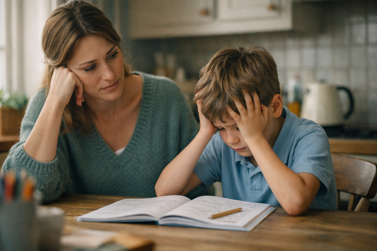 Parent sitting with anxious child at kitchen table during maths homework, child showing signs of frustration and stress